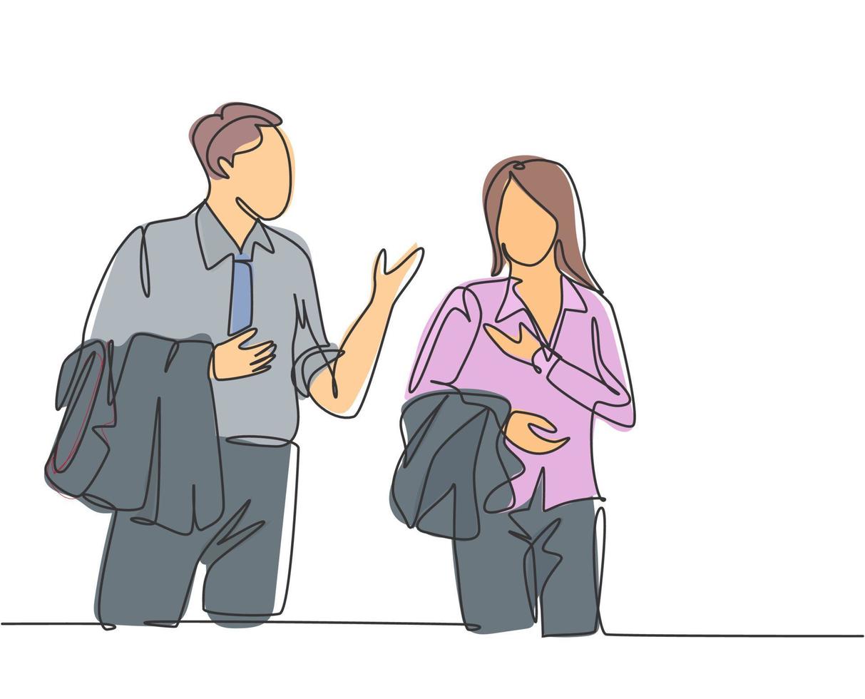 Single continuous line drawing of two young happy male and female workers get conversation together after office hour. Work small talk. Trendy concept one line draw design vector graphic illustration