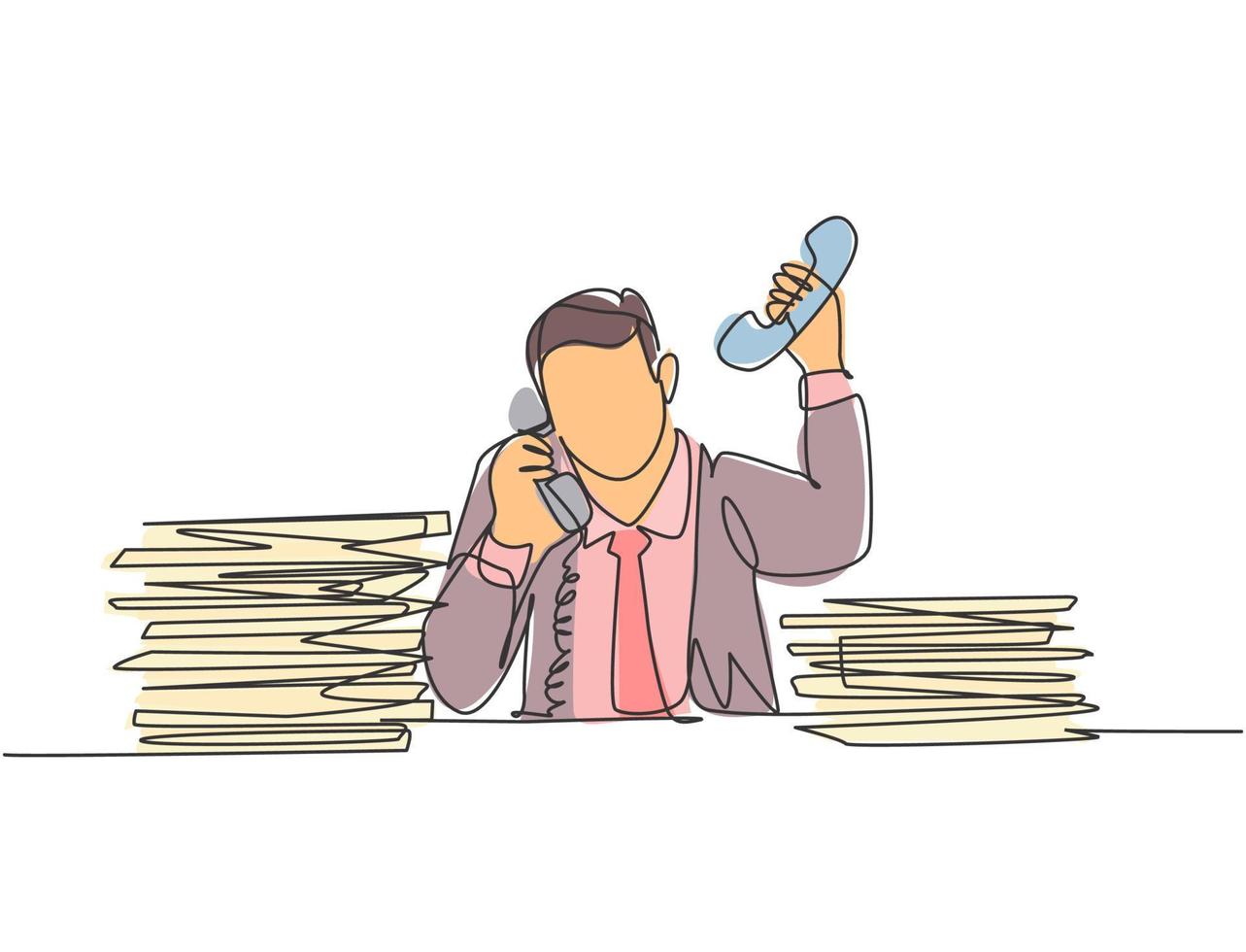 Single continuous line drawing of young dizzy male customer service worker receiving many call in front of stack of papers. Customer care service concept one line draw design vector illustration