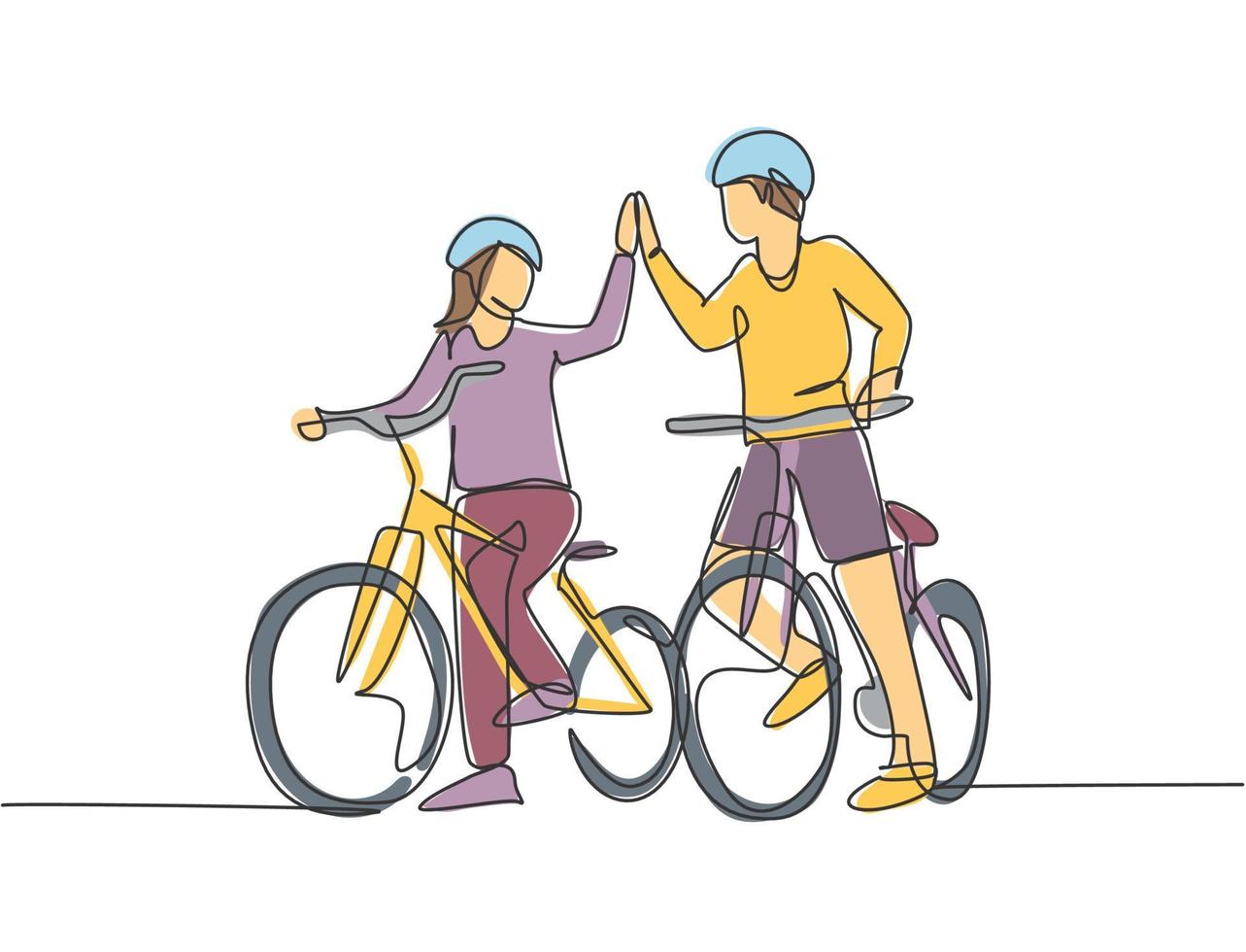 One line drawing of young happy couple male and female take a walk with bicycle together and giving high five gesture. Romantic relationship concept. Continuous line draw design vector illustration