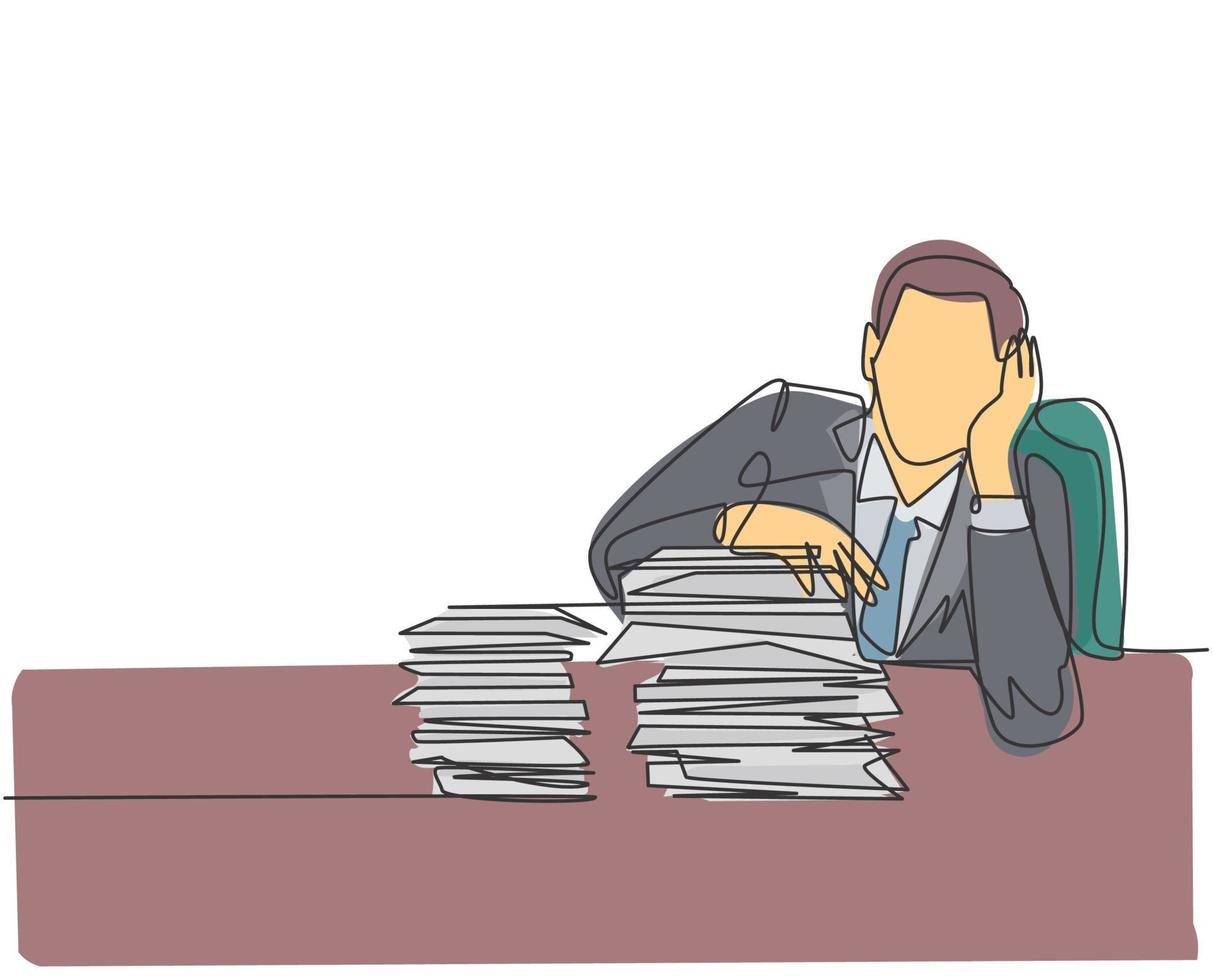 Single continuous line drawing of stressful finance manager facing pile of document papers on his desk office. Work overload project concept. Modern one line draw design graphic vector illustration