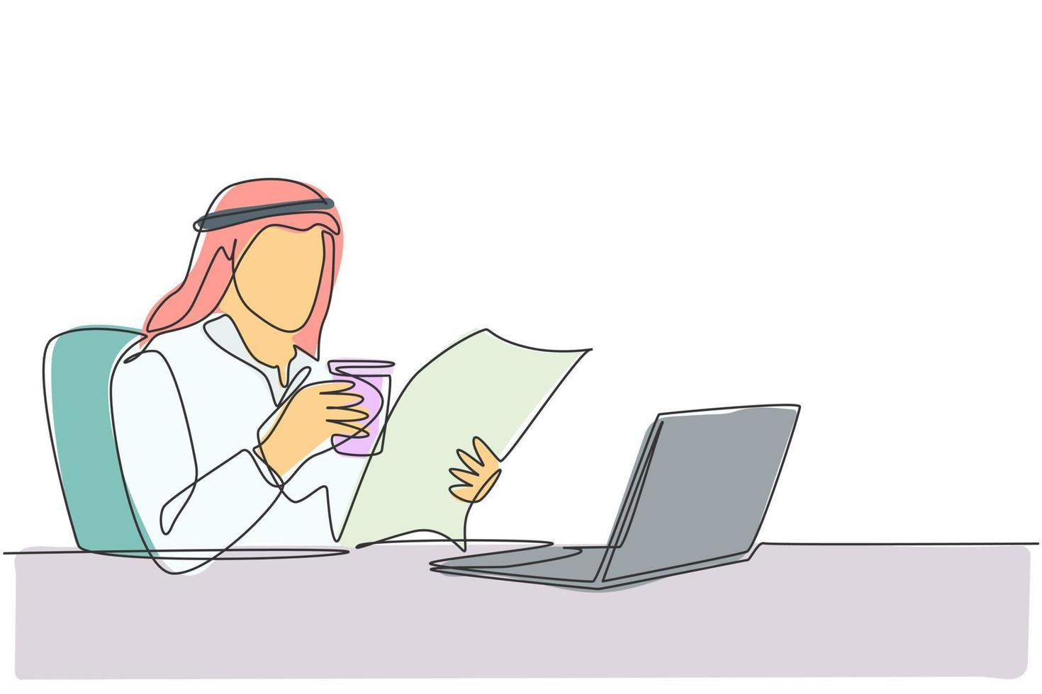 One single line drawing of young muslim businessman reading news on newspaper and internet while take an office break. Islamic clothing shemag, kandura, scarf. Continuous line draw design illustration vector