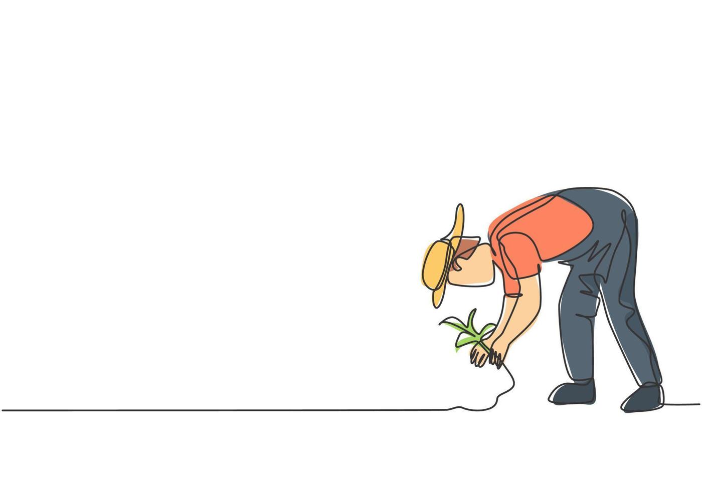 Single one line drawing of young male farmer plant crops in the farm fields. Professional farmer. Farming challenge minimalist concept. Modern continuous line draw design graphic vector illustration.