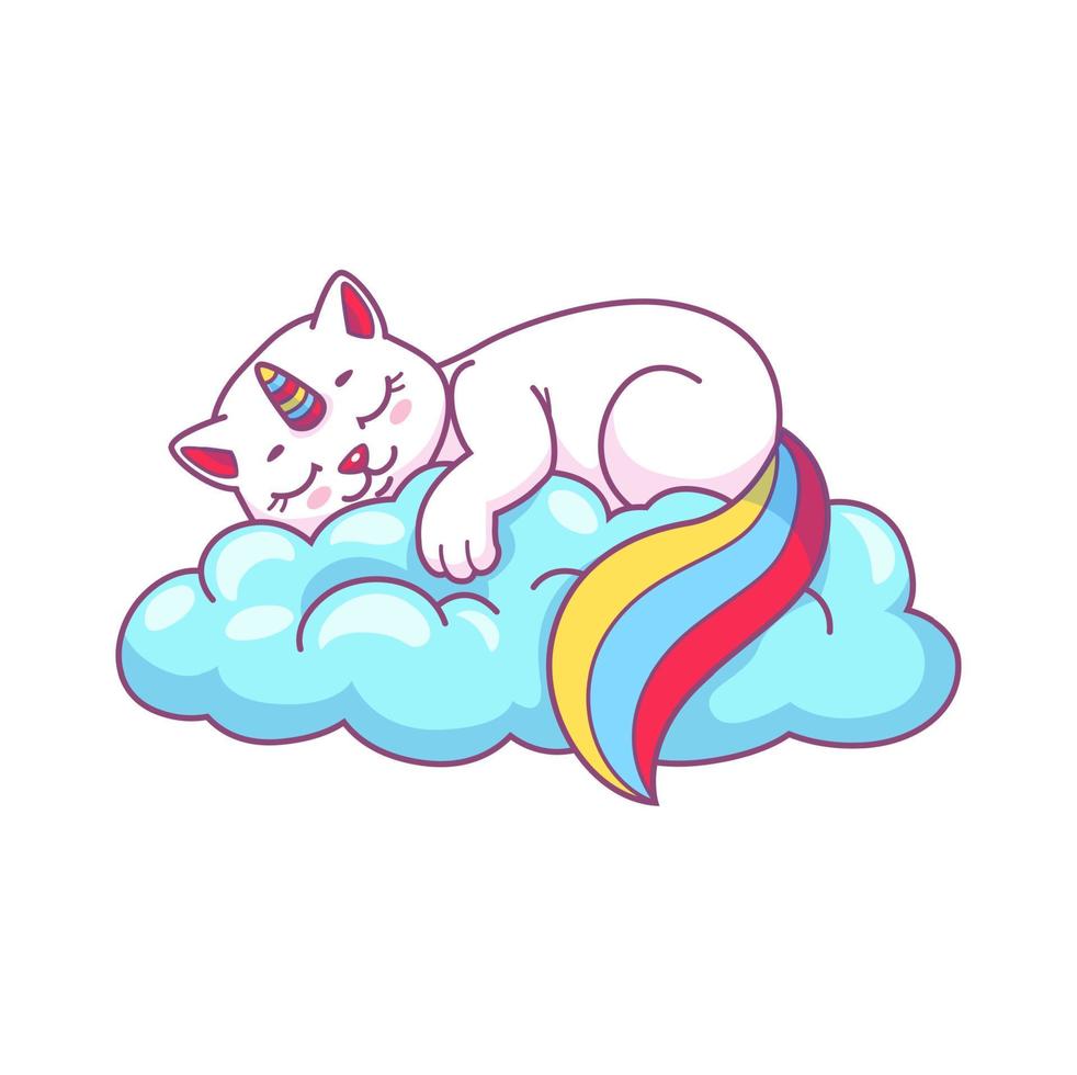 linda gracioso dibujos animados caticorn dormido en nube vector