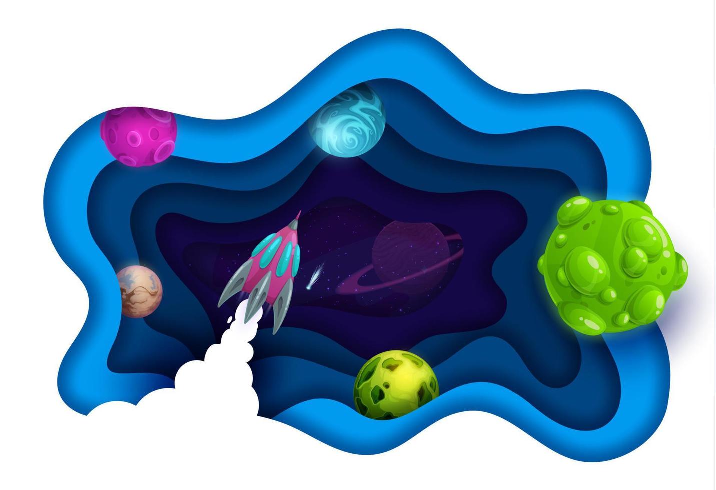 Space paper cut, rocket launch and galaxy planets vector