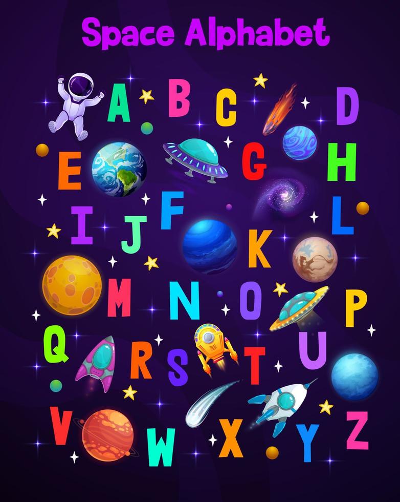 dibujos animados espacio alfabeto, infantil vistoso fuente, vector