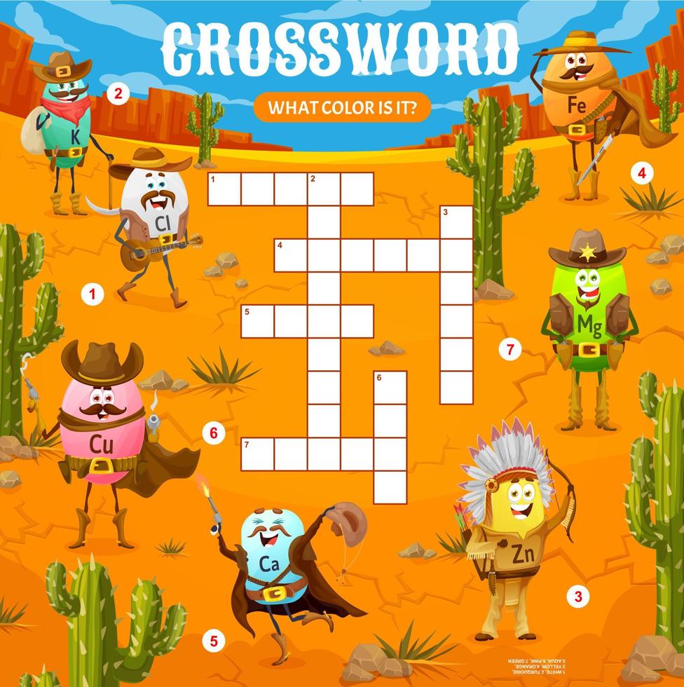 Crossword quiz grid, cartoon cowboy vitamins vector