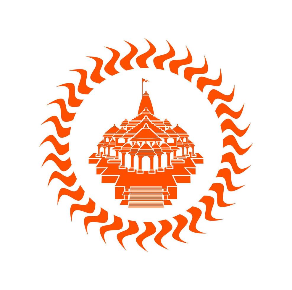 Lord Rama temple in sun illustration. Ram mnadir with orange sun. vector