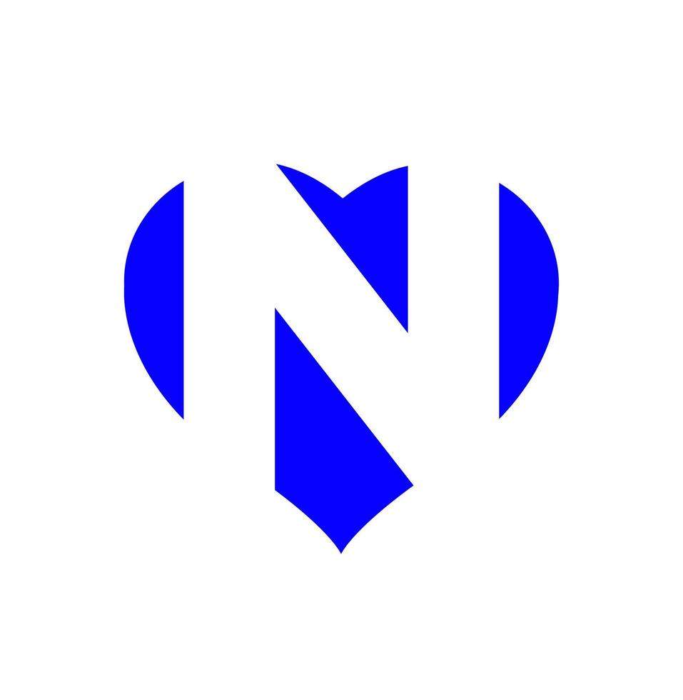 Blue heart with N letters monogram. N with blue heart. vector