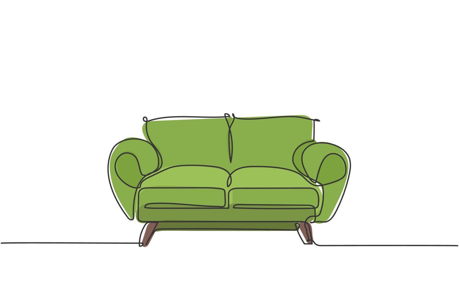 One single line drawing of expensive luxury sofa home appliance. Elegance comfortable couch for living room furniture equipment concept. Dynamic continuous line draw design graphic vector illustration