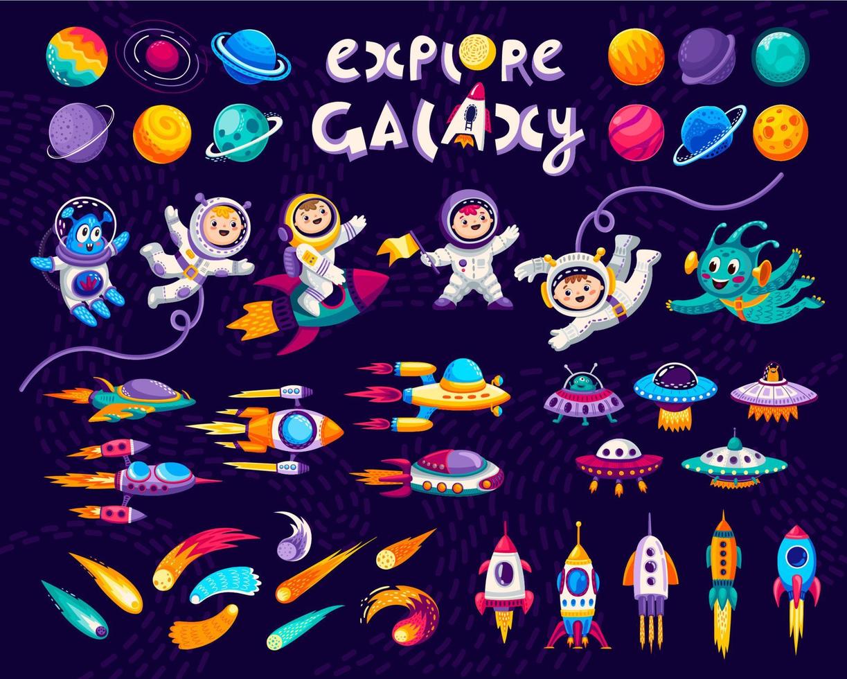 dibujos animados niños astronauta en espacio, planeta y cohete vector