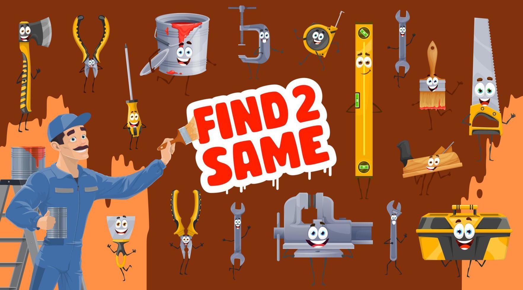 Find two same tool characters kids game worksheet vector