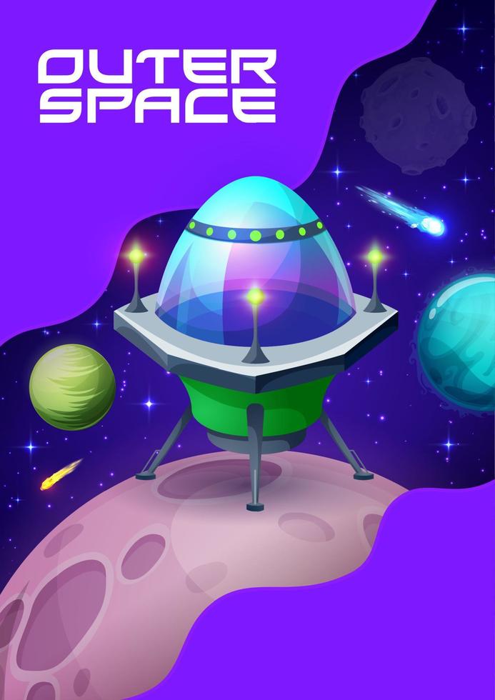 Space poster with ufo saucer on planet surface vector