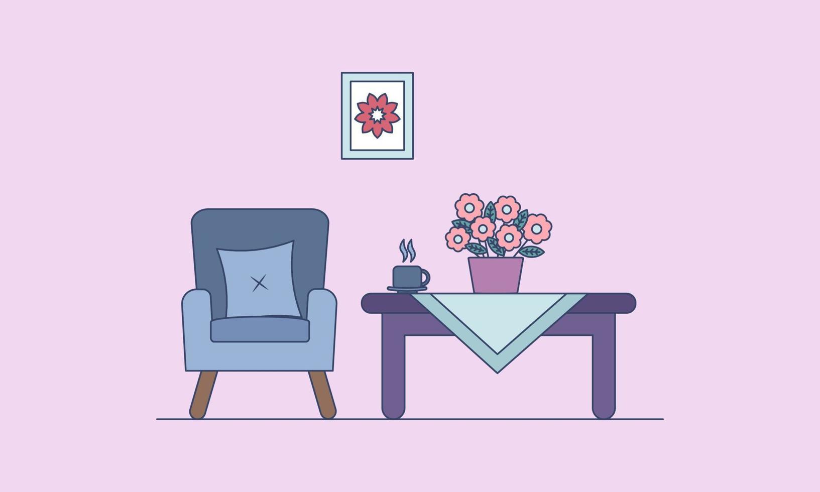 mini mesa y sofá con flor florero y caliente café vector