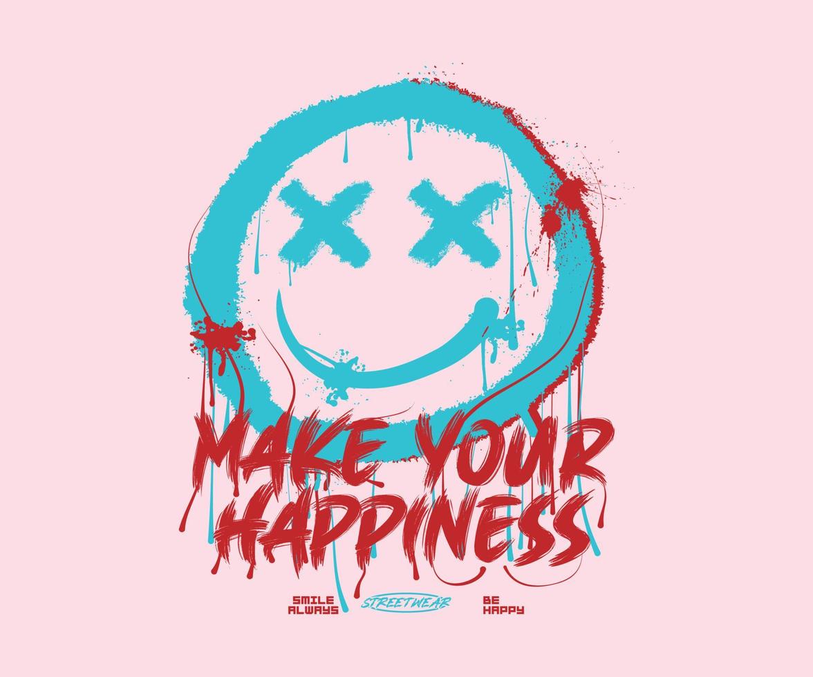 happy smile emoji icon in street style in grunge effect with a slogan print design, for streetwear and urban style t-shirts design, hoodies, etc. vector
