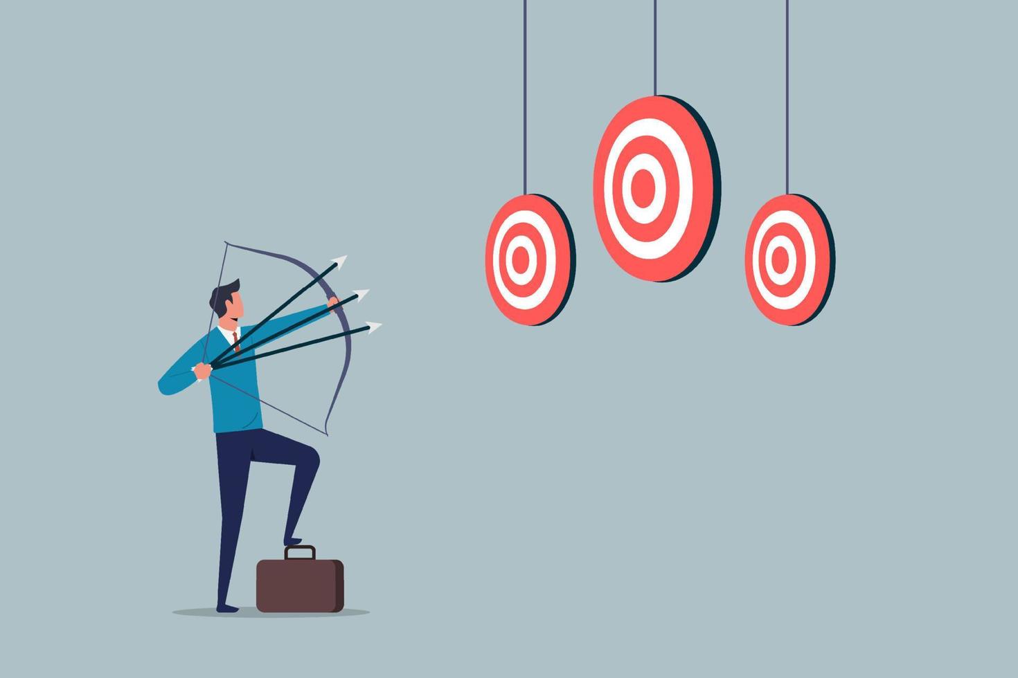 Aiming for many targets or goals in one shot, multitasking or multi purpose strategy, skillful businessman aiming multiple bows on three targets, achieve more in one time vector