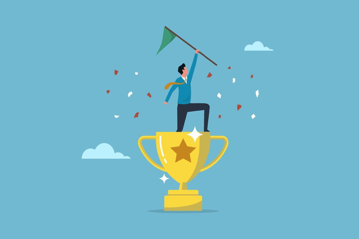 Business achievement, businessman winner raising flag on winning trophy,  accomplishment for leadership success, determination for career success concept, triumph or award winning vector