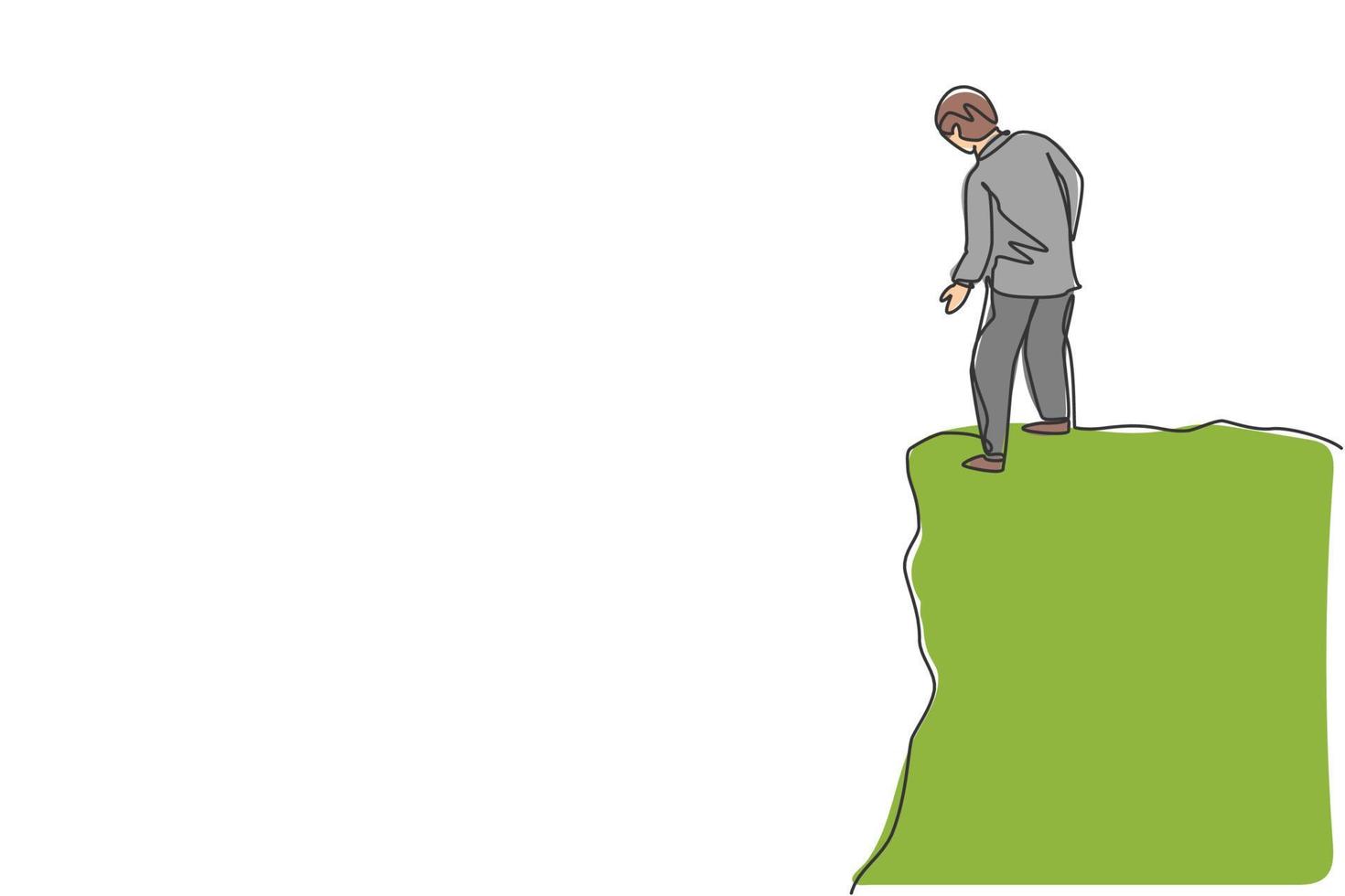 Single one line drawing of young smart business man looking down from top of the hill. Business risk and trap metaphor minimal concept. Modern continuous line draw design graphic vector illustration