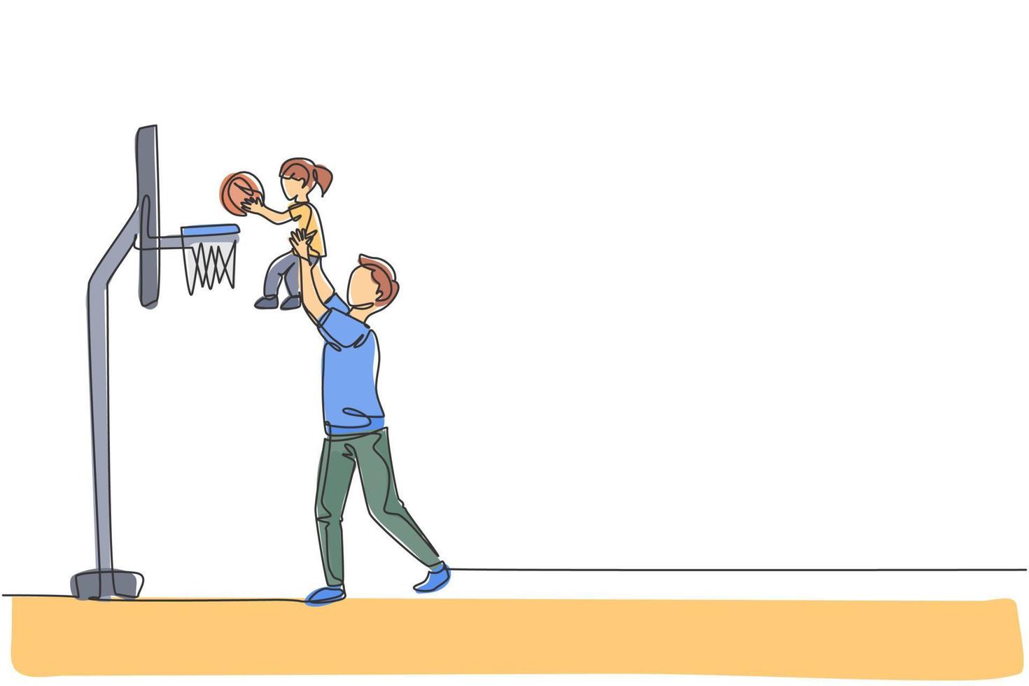 dibujo de línea continua única de un padre joven que cría a su hija para anotar cuando juega un juego de baloncesto en el campo de casa. concepto de paternidad familiar feliz. Ilustración de vector de diseño de dibujo de una línea de moda