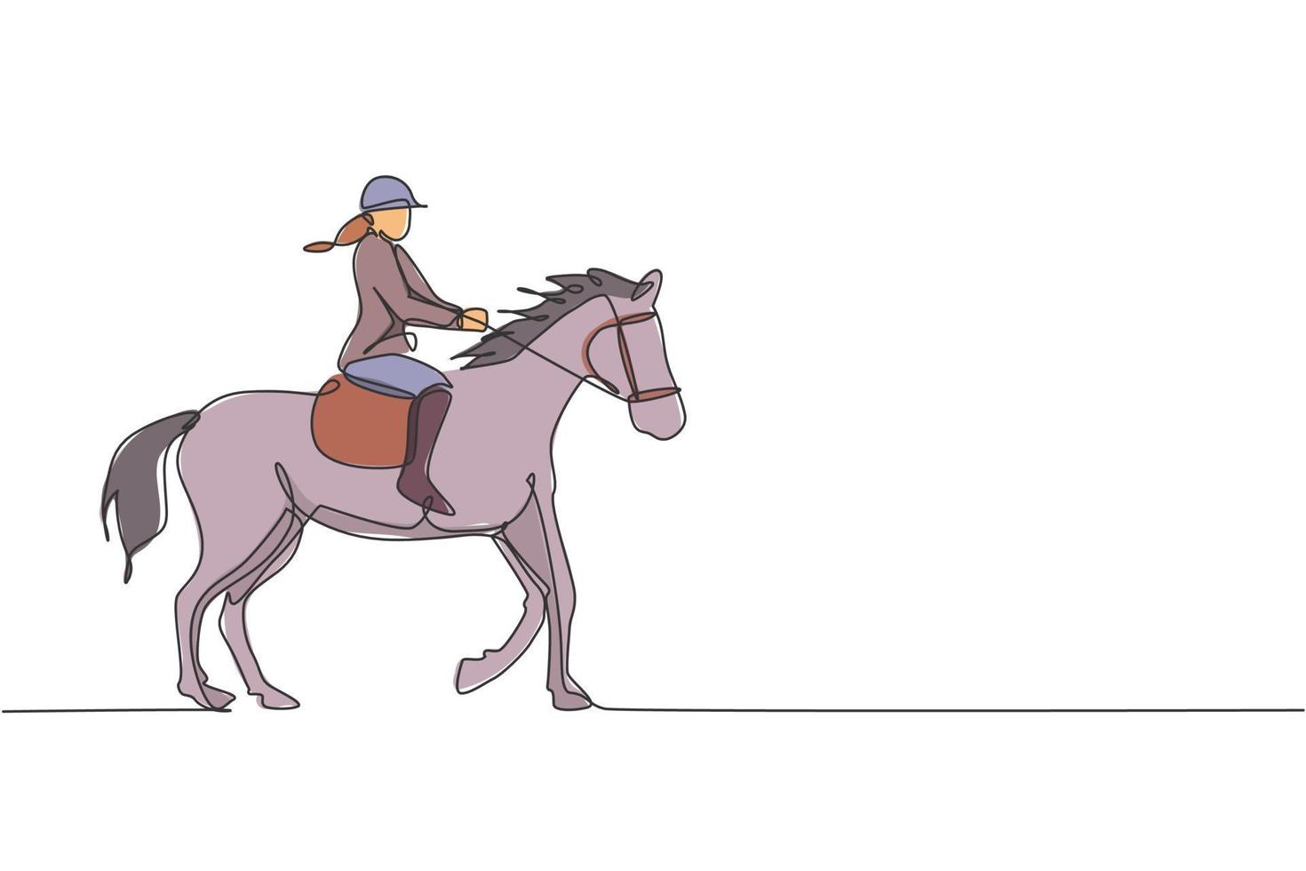 dibujo de una sola línea continua de un joven jinete profesional caminando con un caballo alrededor de los establos. concepto de proceso de entrenamiento deportivo ecuestre. ilustración de vector de diseño de dibujo de una línea de moda