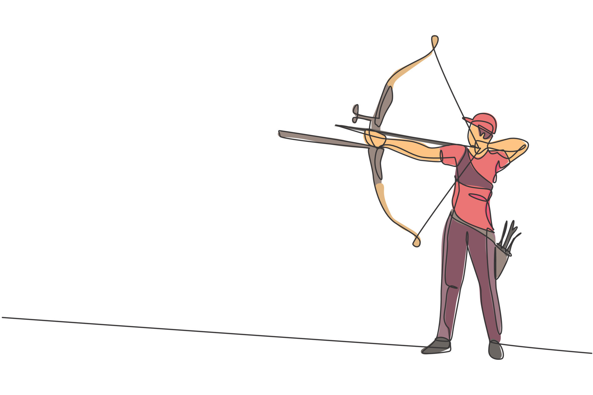 One continuous line drawing of young archer man pulling bow to shooting