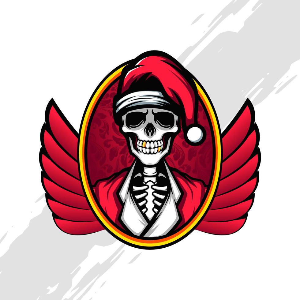 Portrait of Horror Theme Christmas Skull on Red Background and Golden Frame vector