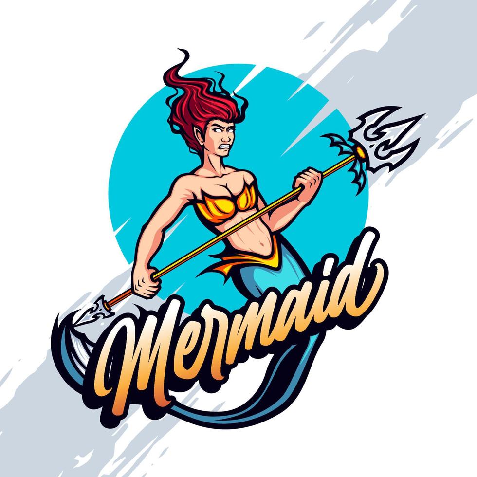 Red Haired Mermaid Trident Mascot vector