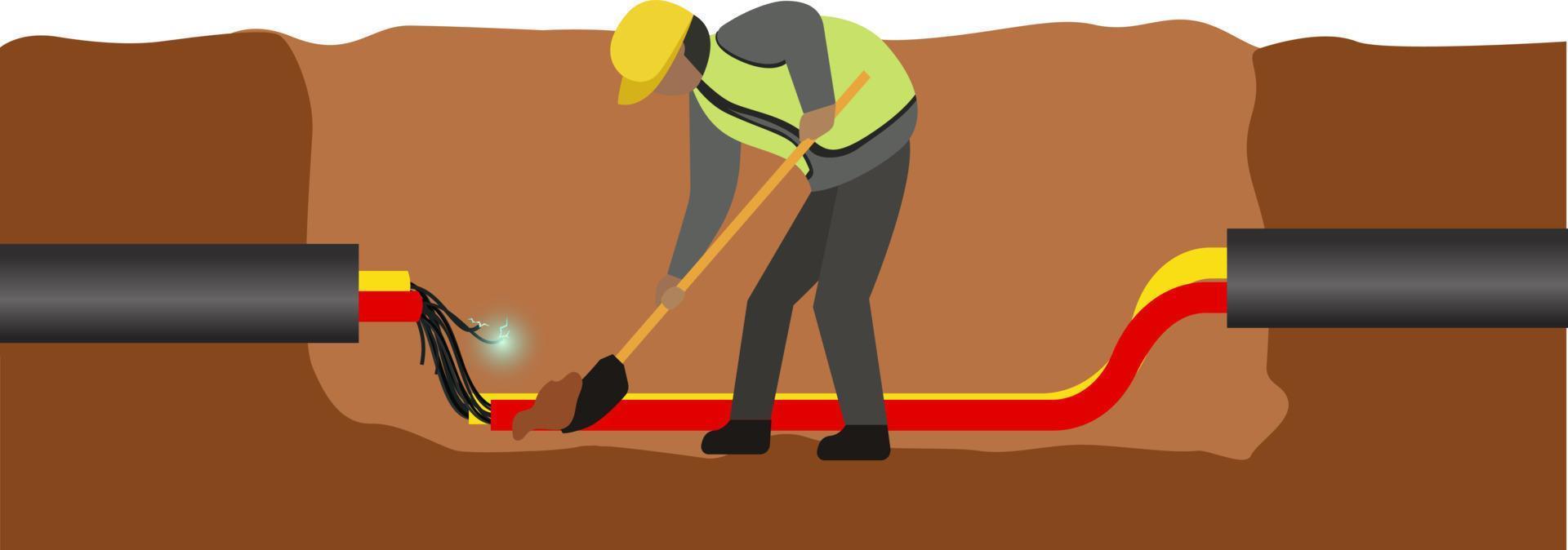 construcción obrero, reparando roto cable tubo en hormigón suelo vector