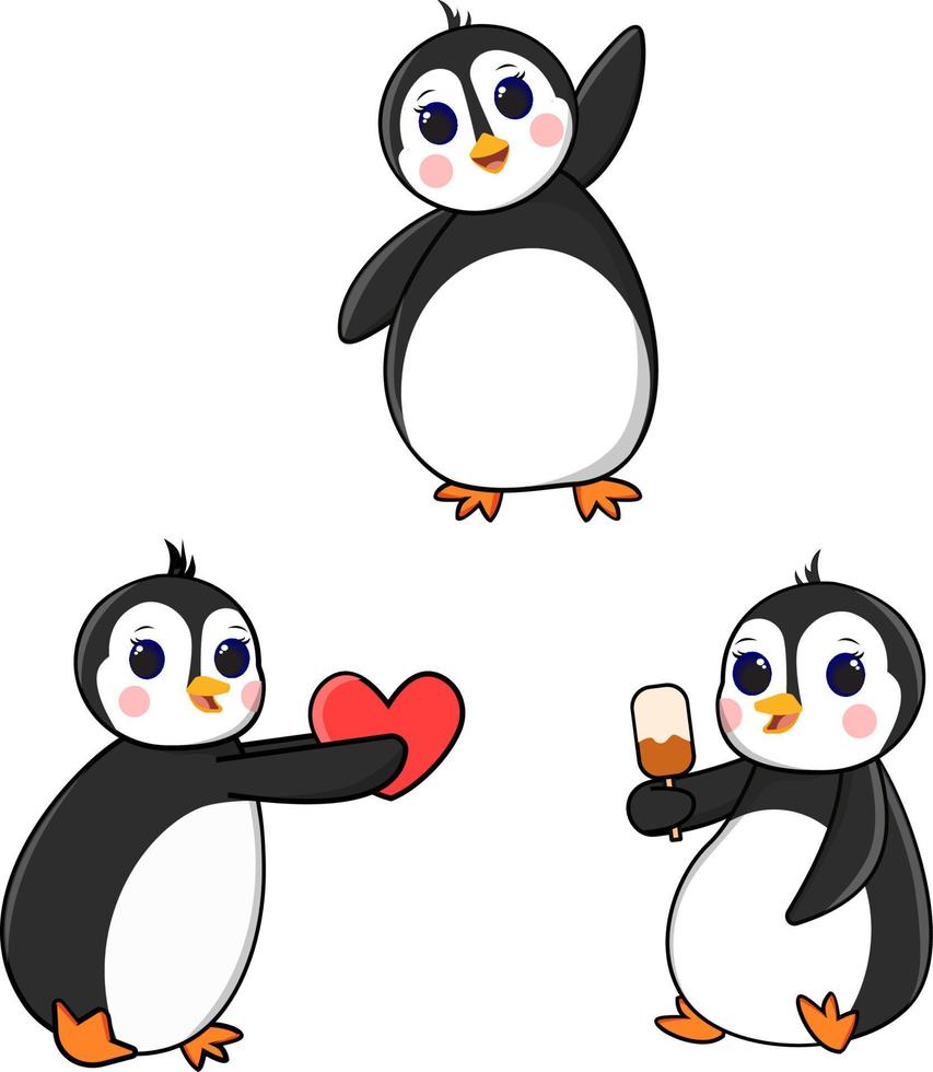 Cute Penguin share love, Eating Ice Cream and Waving Wing Vector Illustration Set