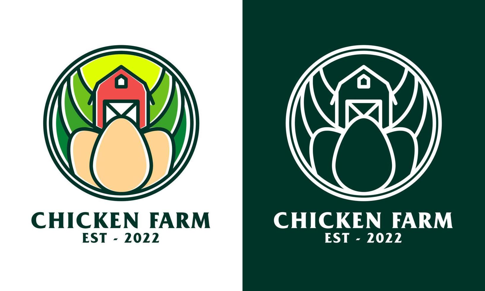 Chicken farm logo, combining egg shape and farm scene. Made in a monoline style, this logo is perfect for logos for chicken farms, plantations and others. vector