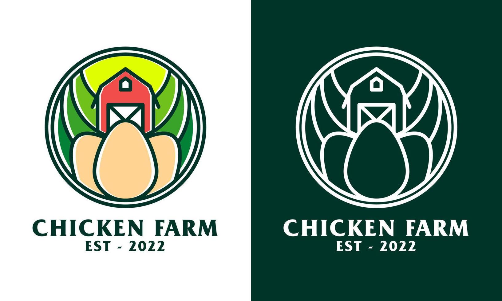 pollo granja logo, combinatorio huevo forma y granja escena. hecho en un monoline estilo, esta logo es Perfecto para logos para pollo granjas, plantaciones y otros. vector