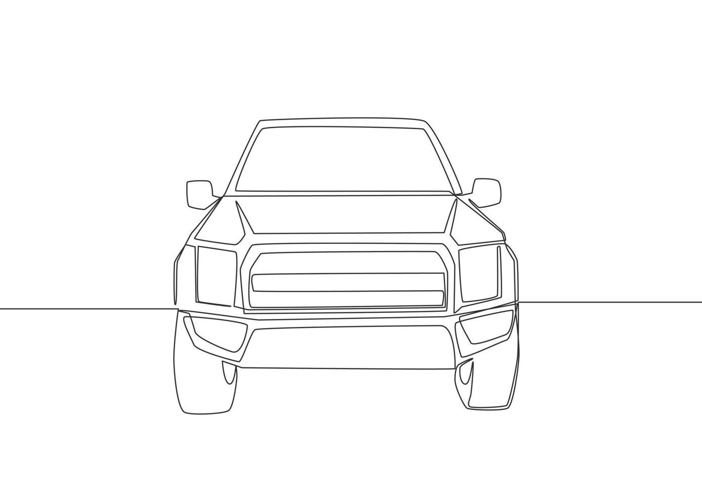 soltero línea dibujo de suv coche desde frente vista. familia cómodo vehículo transporte concepto. uno continuo línea dibujar diseño vector