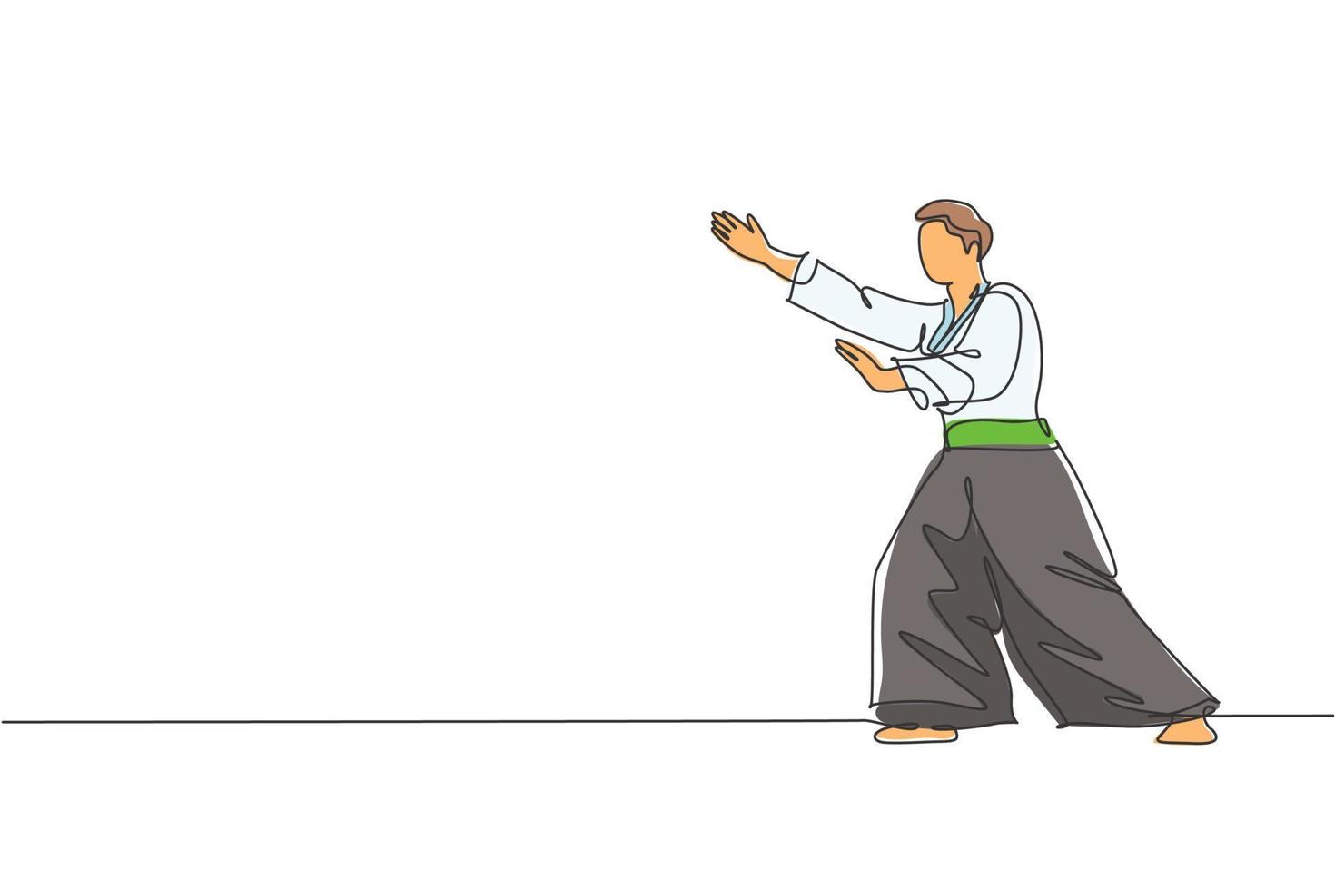 Un dibujo de una sola línea de un joven enérgico con kimono ejercicio técnica de aikido en la ilustración gráfica de vector de pabellón de deportes. concepto de deporte de estilo de vida saludable. diseño moderno de dibujo de línea continua