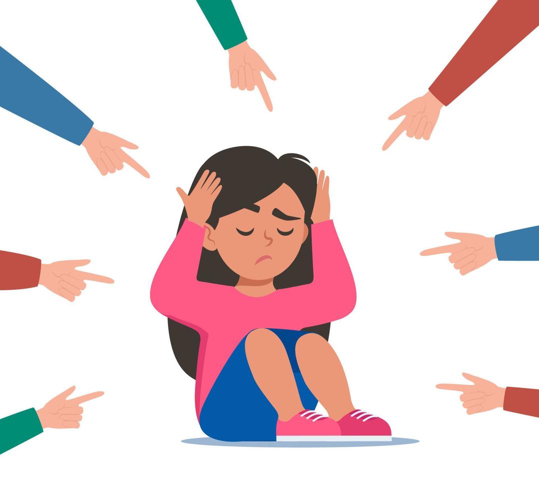 Sad or depressed girl kid surrounded by hands with index fingers pointing at her. Social bullying concept. Public trolling, shaming. Vector illustration.