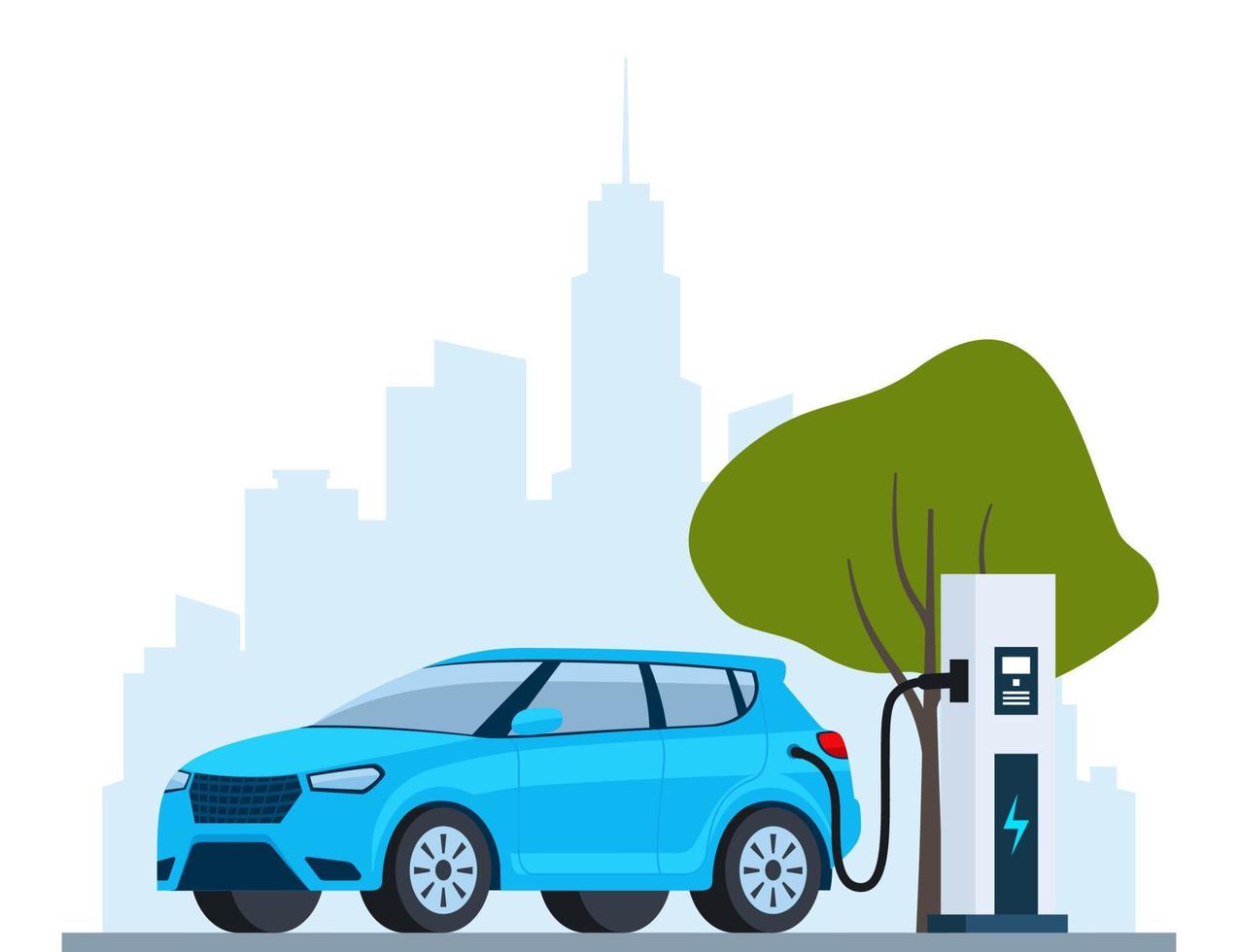 eléctrico coche cargando, lado vista. moderno urbano paisaje con Alto edificios rascacielos ecológicamente limpiar transporte, ciudad ecológica. vector ilustración.