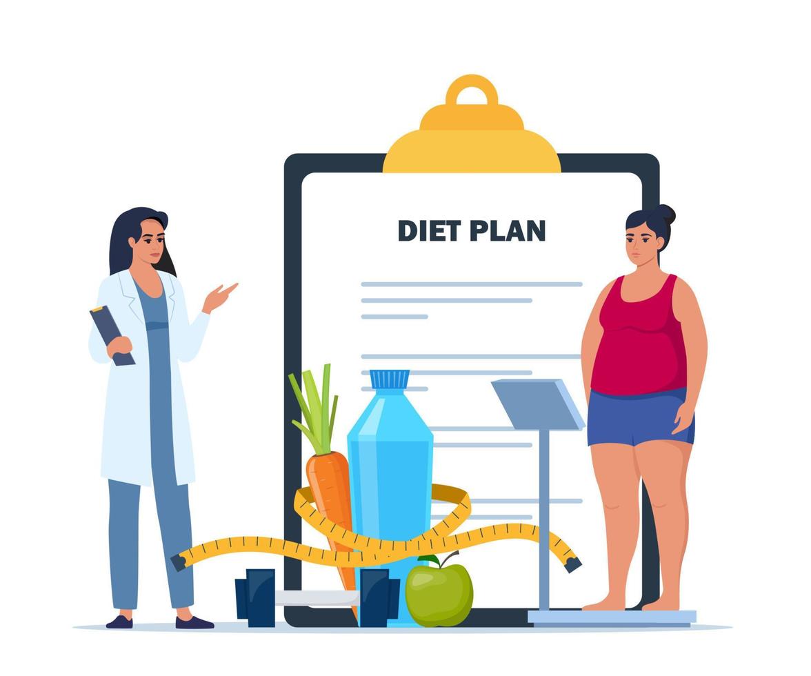 Fat woman standing on weigh scales. Doctor explain about health and how to loose weight. Diet plan checklist. Healthy food and sports. Vector illustration.