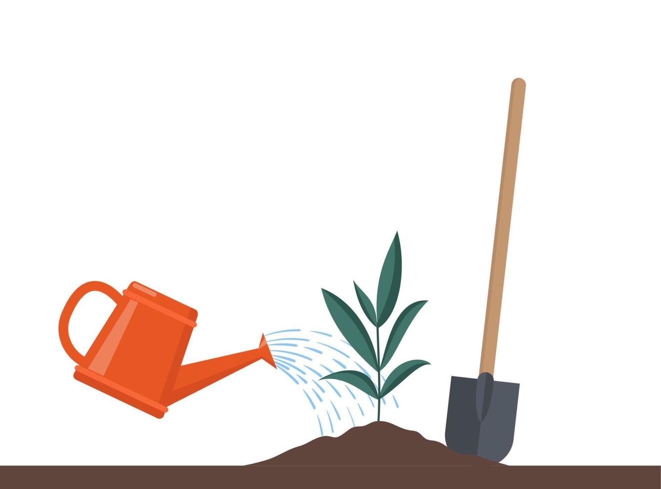 Just planted in the ground sprout with watering can and water drops, Isolated On White. Vector flat illustration.
