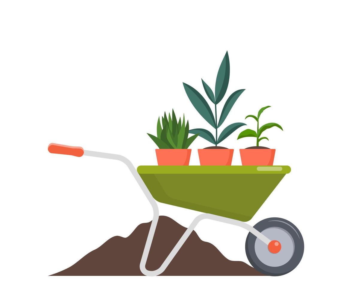 Wheelbarrow with flowers for planting. Vector illustration isolated on white background.