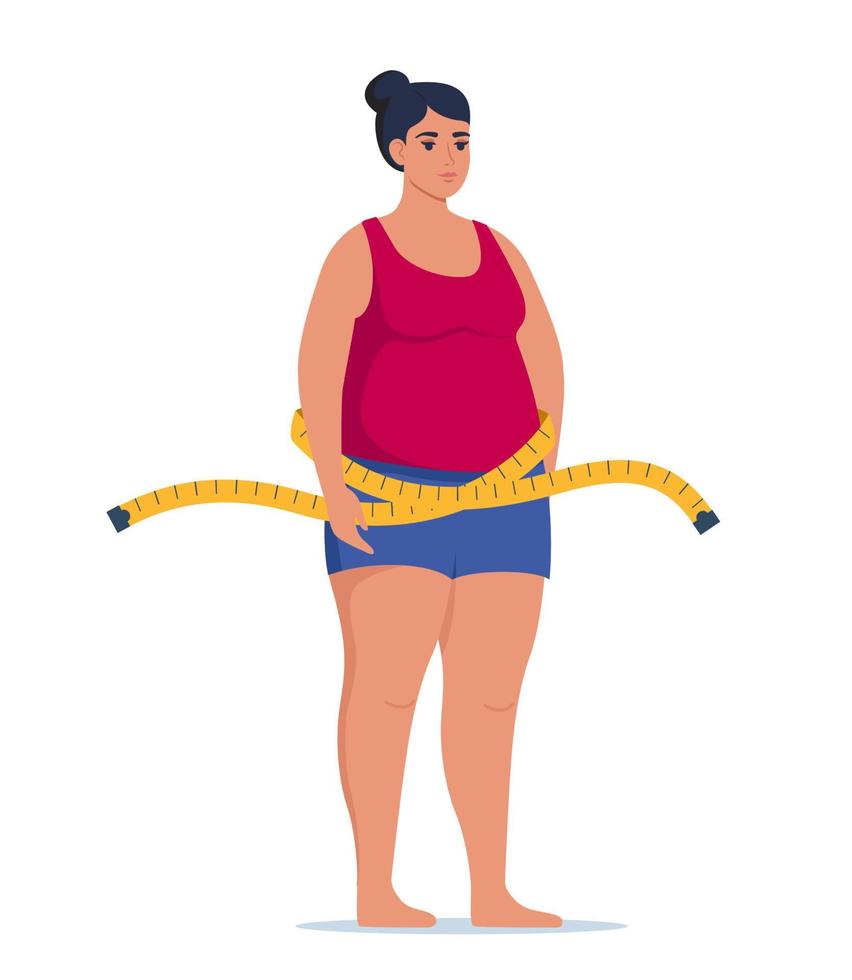 Fat obese woman and measuring tape. Oversize fatty girl. Obesity weight control concept. Overweight female cartoon character full length. Vector illustration.