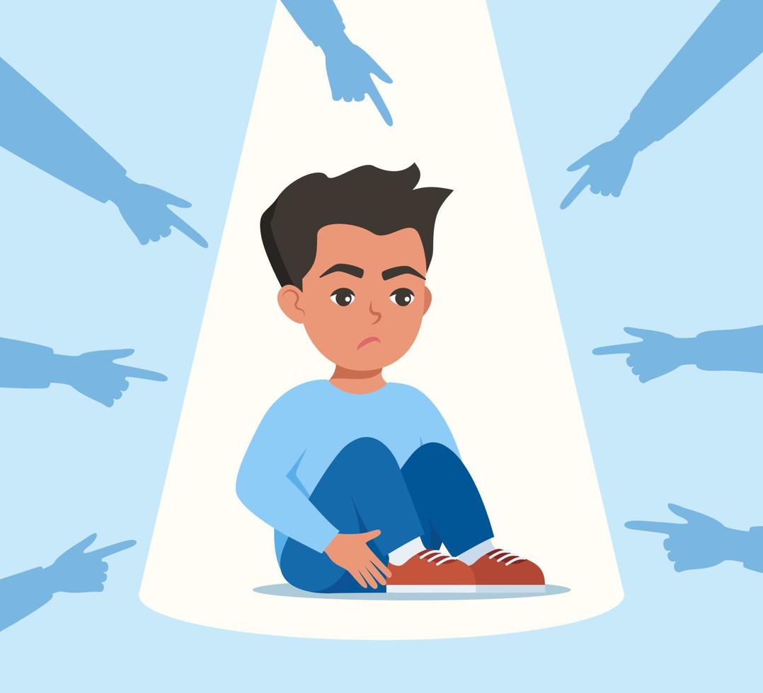 Sad or depressed boy kid surrounded by hands with index fingers pointing at him. Social bullying concept. Public trolling, shaming. Vector illustration.