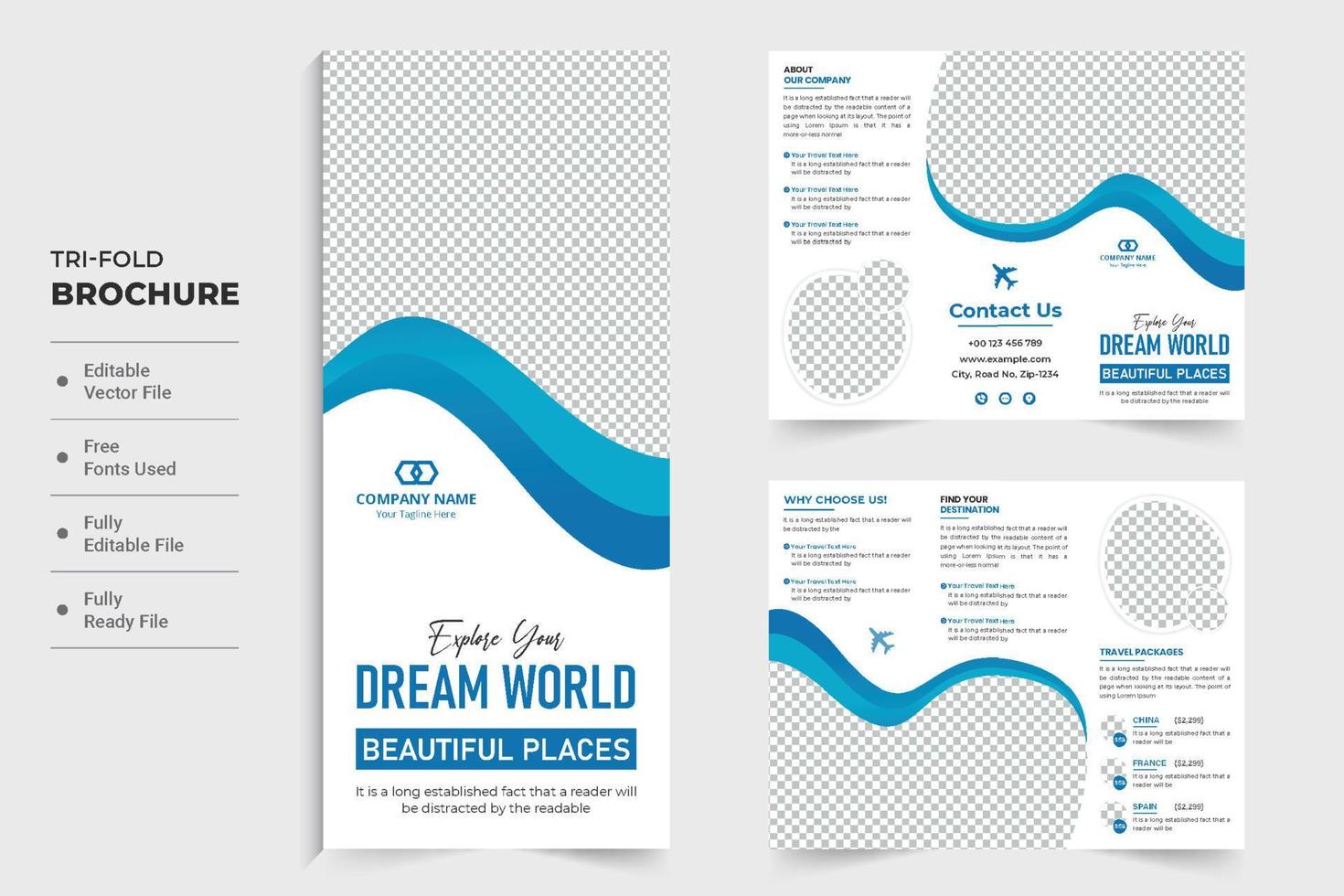 Travel agency promotional tri fold brochure vector with abstract shapes. Modern touring business advertisement leaflet and poster template vector. Tour and travel brochure template for marketing.