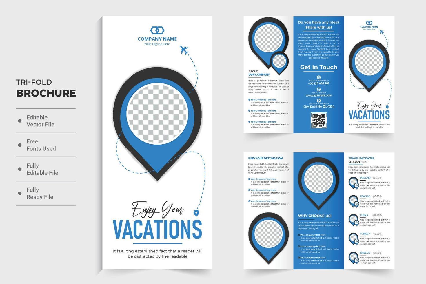 Tour and travel tri fold brochure template with blue and dark colors. Travel agency advertisement poster design with discount section. Vacation planner business promotion brochure for marketing. vector