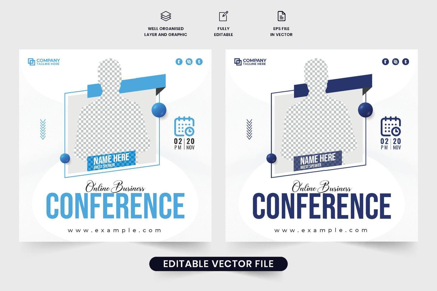 Online web seminar social media post vector with dark and light blue colors. Office conference and meeting invitation template. Business webinar promotional template design with photo placeholders.