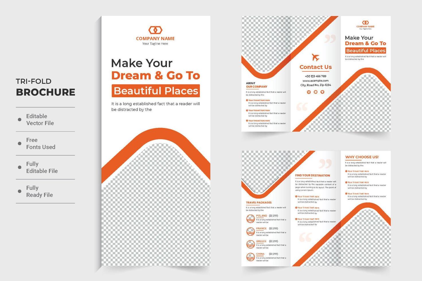 Touring group business promotion tri fold brochure vector for marketing. Travel agency advertisement template design with photo placeholders. Tour and travel brochure with orange and dark colors.