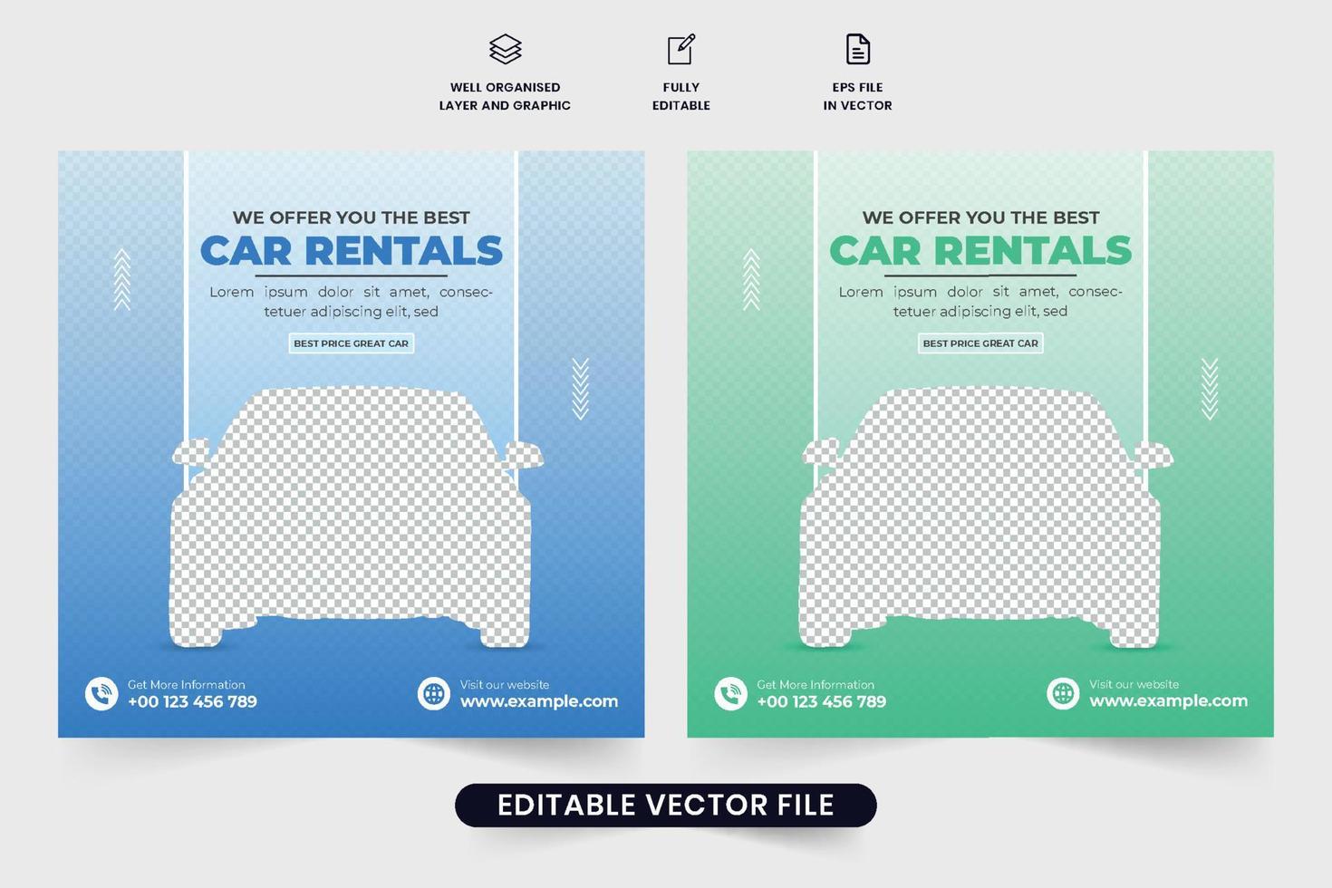 Modern car rental business promotion template design with green and blue colors. Rent a car social media post vector with photo placeholders. Vehicle rental and management web banner vector.