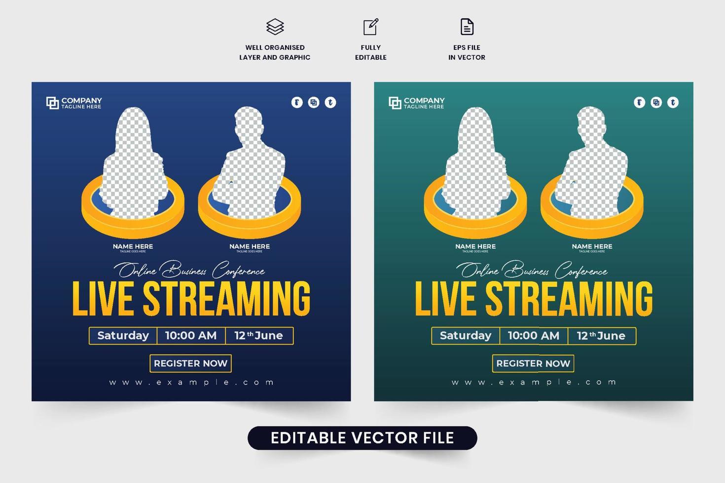 Online business seminars and conference invitation template vector with photo placeholders. Modern webinar and business promotion web banner design. Office conference social media post vector.