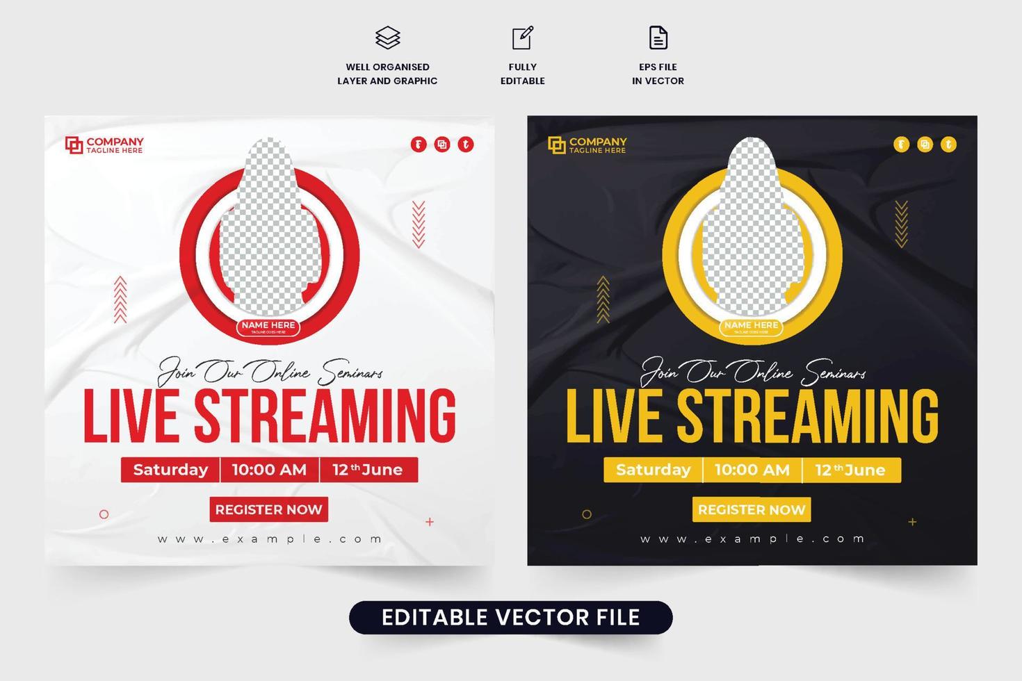 Live webinar template design with dark and white backgrounds for social media marketing. Online seminar live streaming announcement web banner vector. Webinar social media post vector. vector