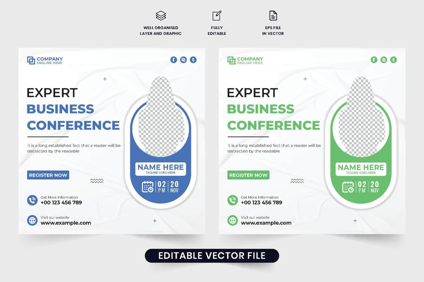 Professional business agency conference template design with green and blue colors. Office seminar invitation web banner vector for digital marketing. Business webinar social media post vector.