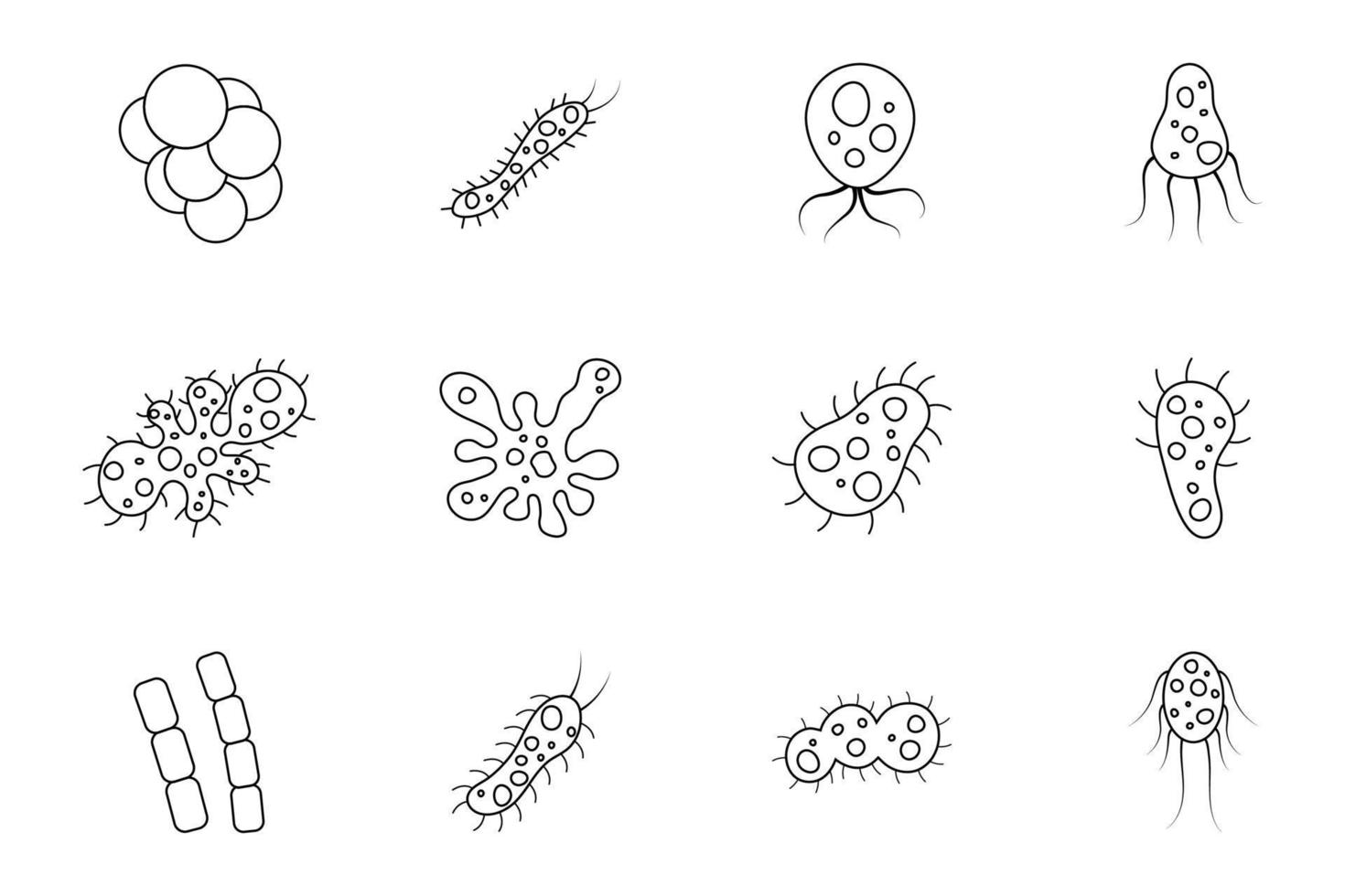 conjunto de bacterias y virus vector ilustración en contorno estilo. causante de enfermedades bacterias, virus y microbios