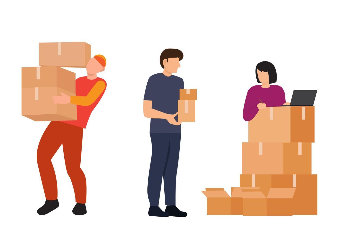 personas con parcelas y caja de cartón cajas, entrega hombres trabajando con pedidos de tienda. humanitario ayuda o logística empresa cumpliendo peticiones. transporte de carga, portadores vector en plano estilo