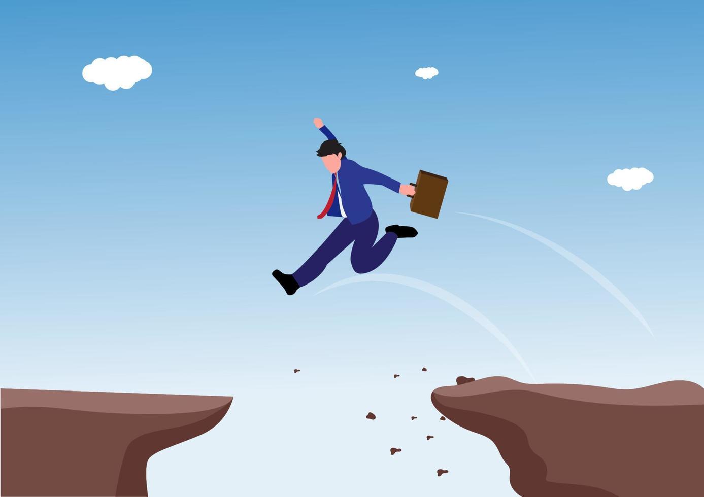 Business challenge and solution vector concept with businessman standing over big gap. Symbol of overcoming obstacles, strategy, analysis, creativity. vector illustration.